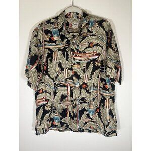 Hilo Hattie black colorful Hawaiian tropical oarsmen canoe graphic L Aloha shirt